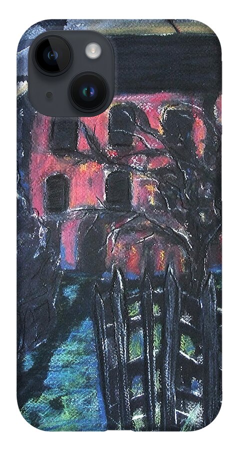 Original Art Pastel Chalk Drawing Red House Tree Fence iPhone Case featuring the pastel The Red House by Katt Yanda
