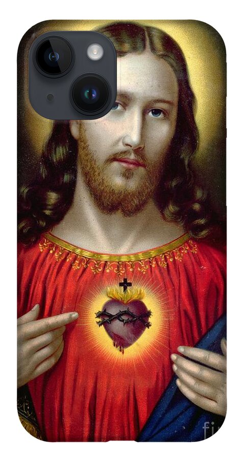 #faatoppicks iPhone 14 Case featuring the painting The Sacred Heart of Jesus by English School