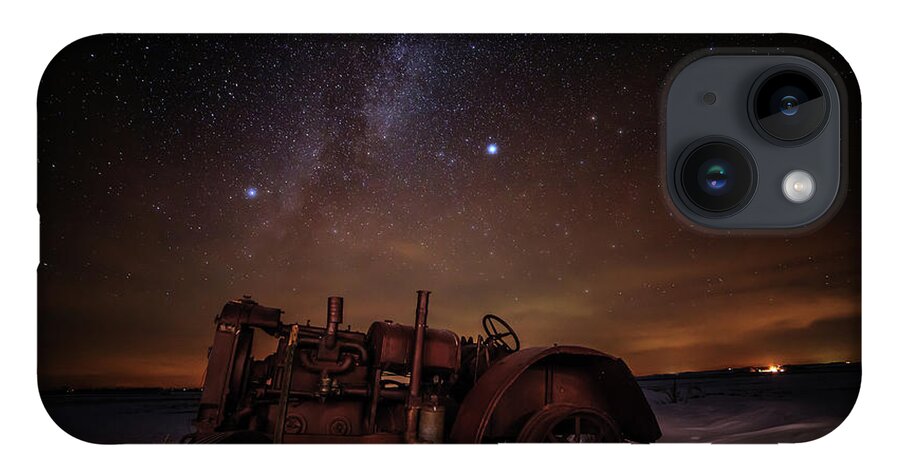 Astro Landscape Scenic Stars Milky Way Winter Antique Tractor Nd Night Night Sky iPhone Case featuring the photograph The Witness by Peter Herman