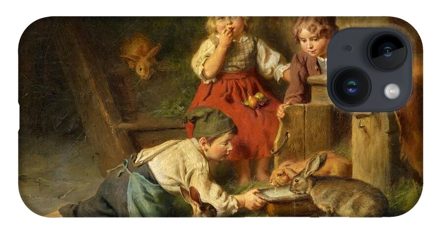 Felix Schlesinger iPhone 14 Case featuring the painting Three Children Feeding Rabbits by Felix Schlesinger