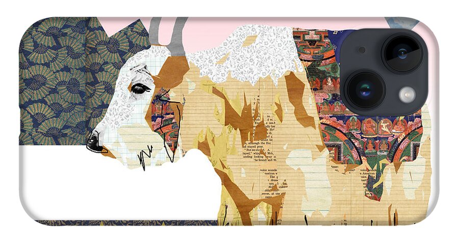 Tibet iPhone 14 Case featuring the mixed media Tibet Yak Collage by Claudia Schoen