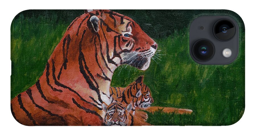 Tiger iPhone 14 Case featuring the painting Tiger Family by Laurel Best