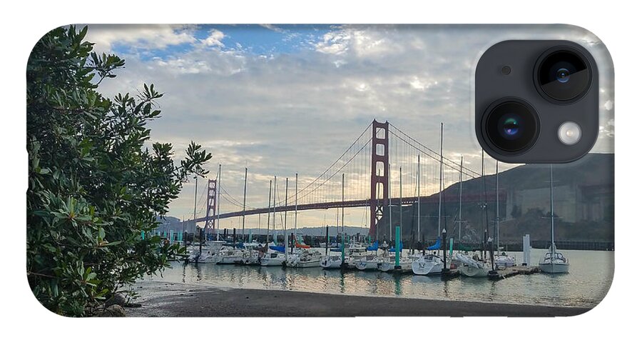 Travis Marina iPhone 14 Case featuring the photograph Travis Marina Golden Gate Bridge by Artist Linda Marie