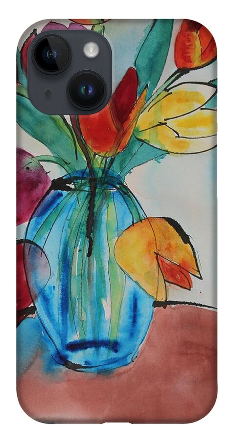 Tulips iPhone 14 Case featuring the painting Tulips in a Blue Glass Vase by Ruth Kamenev