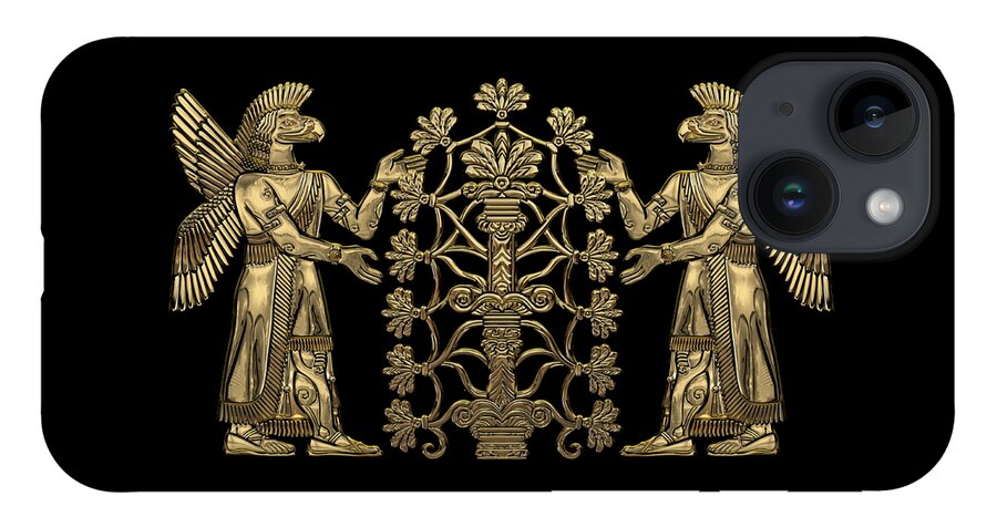 ‘treasures Of Mesopotamia’ Collection By Serge Averbukh iPhone 14 Case featuring the digital art Two Instances of Gold God Ninurta with Tree of Life over Black Canvas by Serge Averbukh