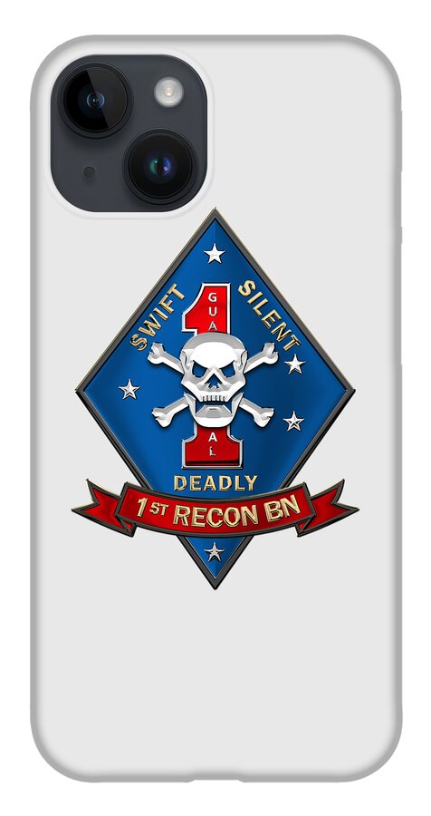 'military Insignia & Heraldry' Collection By Serge Averbukh iPhone 14 Case featuring the digital art U S M C 1st Reconnaissance Battalion - 1st Recon Bn Insignia over White Leather by Serge Averbukh