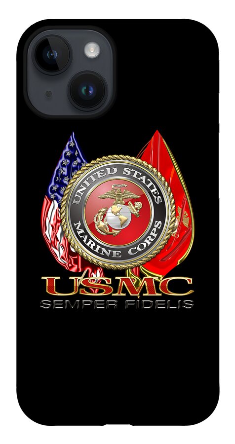 'military Insignia & Heraldry 3d' Collection By Serge Averbukh iPhone 14 Case featuring the digital art U. S. Marine Corps U S M C Emblem on Black by Serge Averbukh