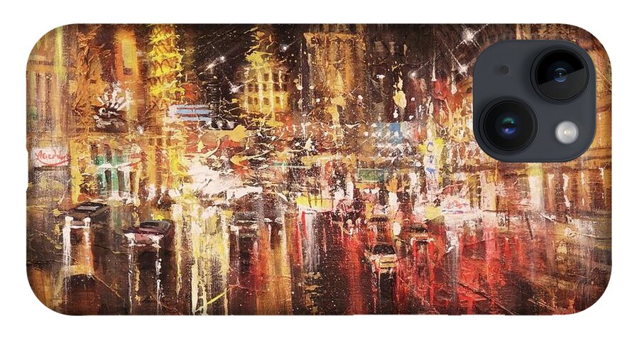 Abstract iPhone 14 Case featuring the painting Vegas - Sudden Downpour by Tom Shropshire