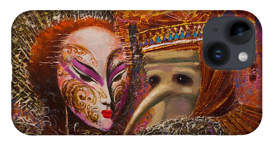 Venetian Mask iPhone 14 Case featuring the painting Venetian Masks. Fragment by Valentina Kondrashova