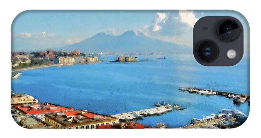 Gulf Of Naples iPhone 14 Case featuring the painting Vesuvio, panorama from Naples - 02 by AM FineArtPrints