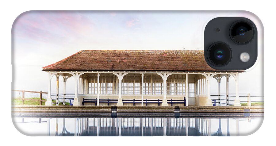 Sheringham iPhone 14 Case featuring the photograph Norfolk victorian seaside shelter with pink sunset sky by Simon Bratt