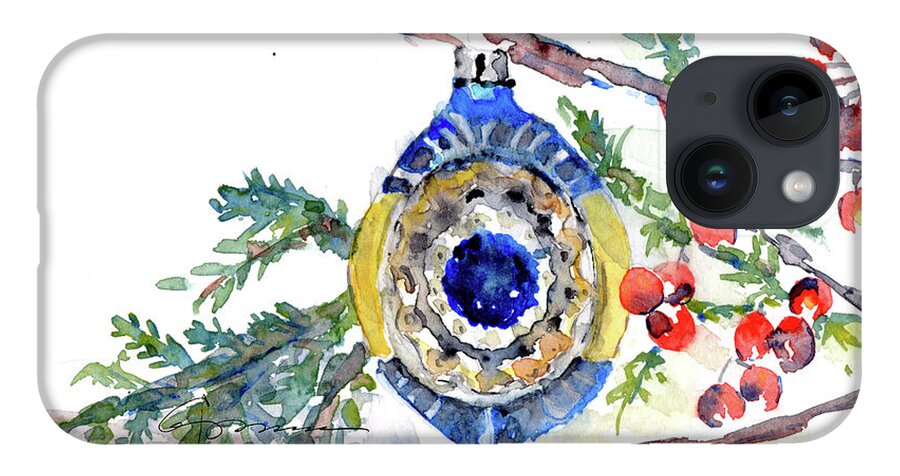 Vintage Christmas iPhone 14 Case featuring the painting Vintage Christmas Bulb in Blue by Claudia Hafner