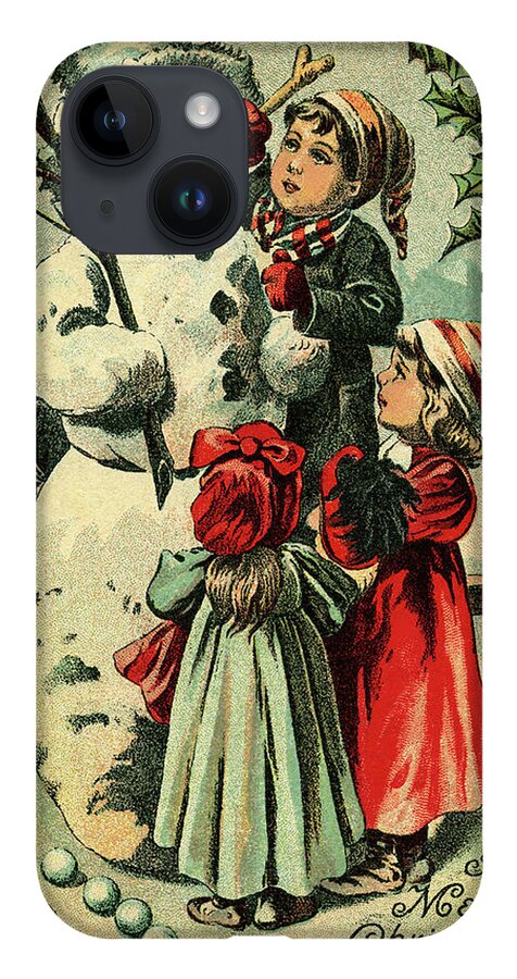 Christmas iPhone 14 Case featuring the painting Vintage Snowman and Children by Artist Unknown