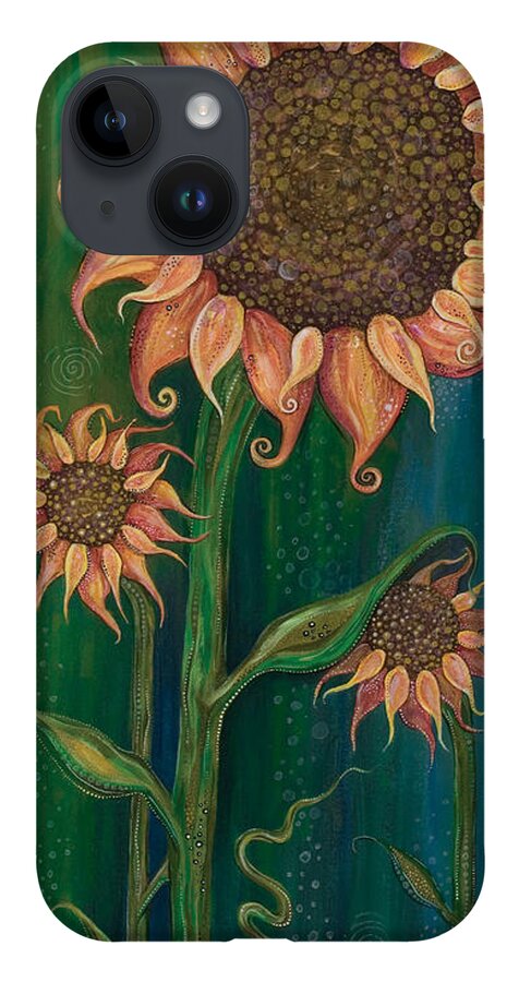 Sunflowers On Green Background iPhone 14 Case featuring the painting Vivacious by Tanielle Childers