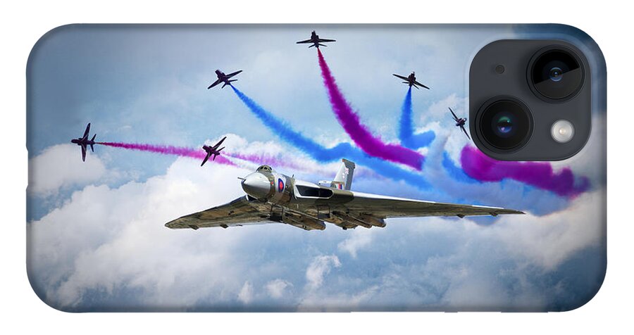 Avro iPhone 14 Case featuring the digital art Vulcan Red Arrows Break by Airpower Art