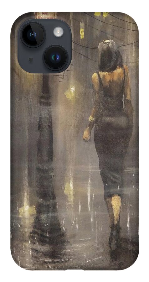 Patsy Cline; Woman In Black Dress; Foggy Alley; Night City Scene; City Rain; Tom Shropshire Painting; Figure Art iPhone 14 Case featuring the painting Walking After Midnight by Tom Shropshire