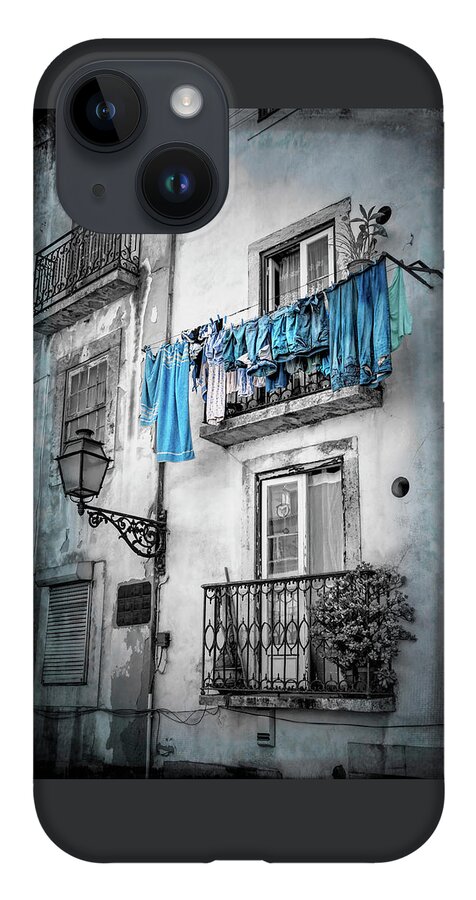 Lisbon iPhone 14 Case featuring the photograph Washday Blues in Lisbon Portugal Black and White by Carol Japp