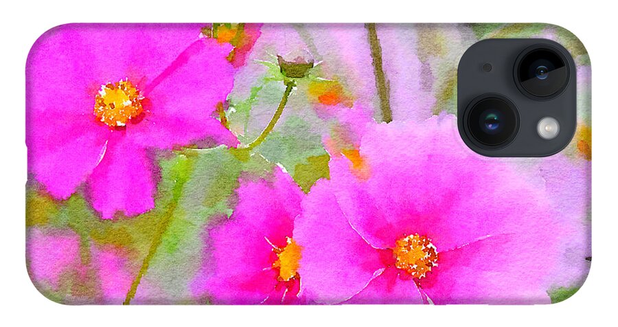 Watercolor Floral iPhone 14 Case featuring the painting Watercolor Pink Cosmos by Bonnie Bruno