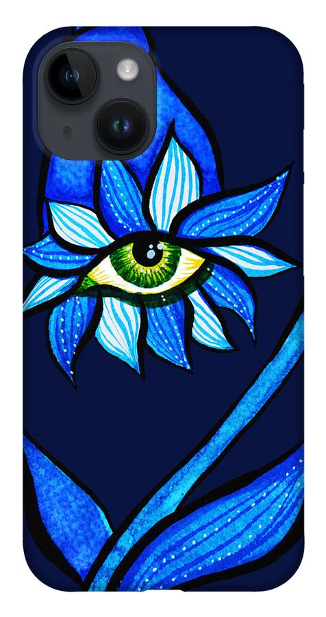 Eye iPhone 14 Case featuring the drawing Weird Blue Staring Creepy Eye Flower by Boriana Giormova