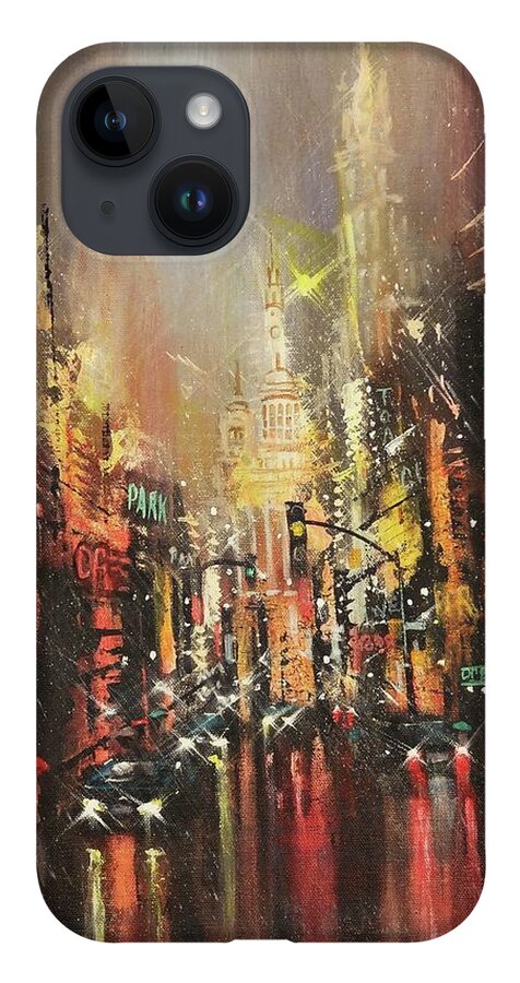 City Rain iPhone 14 Case featuring the painting Wet Streets by Tom Shropshire
