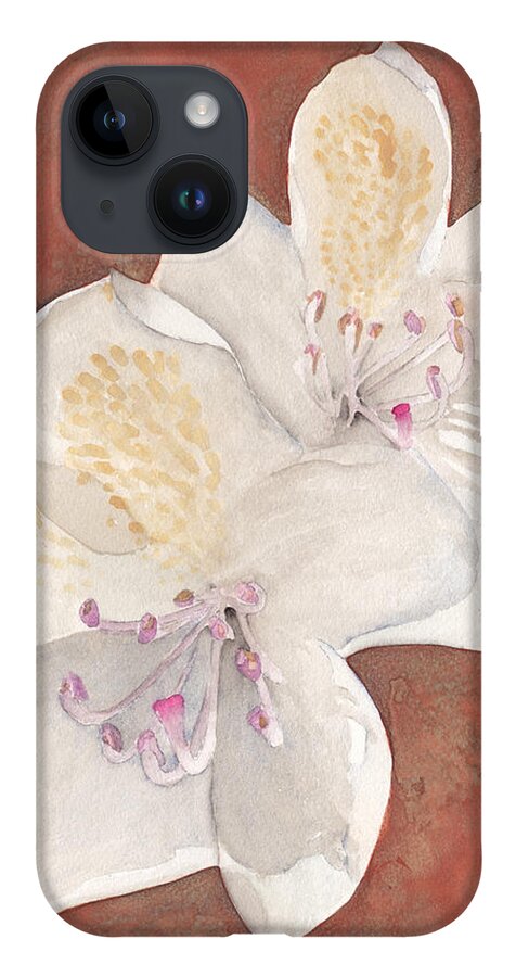 White iPhone 14 Case featuring the painting White Rhododendron by Ken Powers