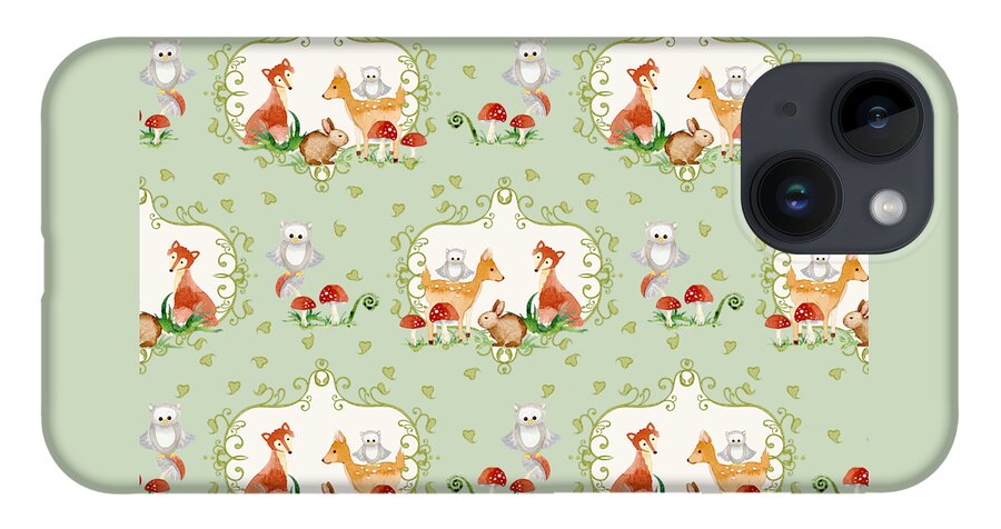 Trendy iPhone 14 Case featuring the painting Woodland Fairy Tale - Mint Green Sweet Animals Fox Deer Rabbit owl - Half Drop Repeat by Audrey Jeanne Roberts