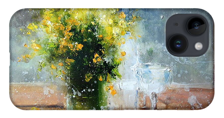 Russian Artists New Wave iPhone 14 Case featuring the painting Yellow Flowers by Igor Medvedev