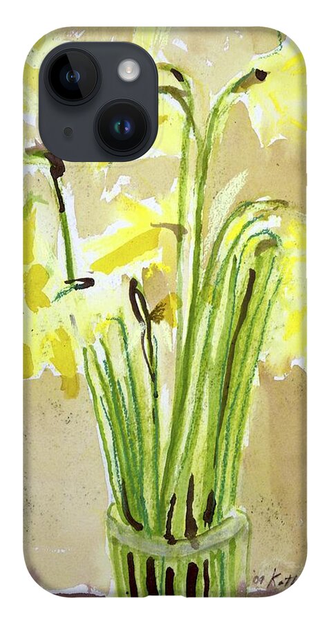  iPhone 14 Case featuring the painting Yellow Flowers in Vase by Kathleen Barnes
