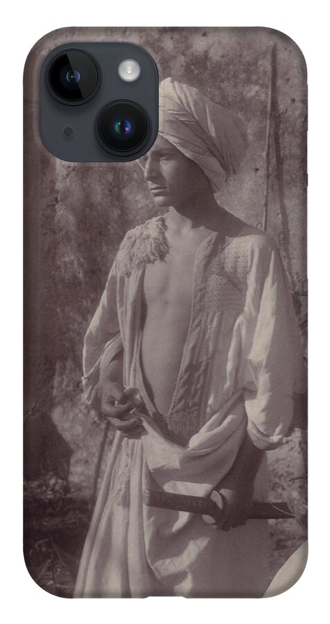 [young Man In White Robe And Head Gear Holding Scabbard iPhone 14 Case featuring the painting Young Man in White Robe and Head Gear Holding Scabbard by MotionAge Designs