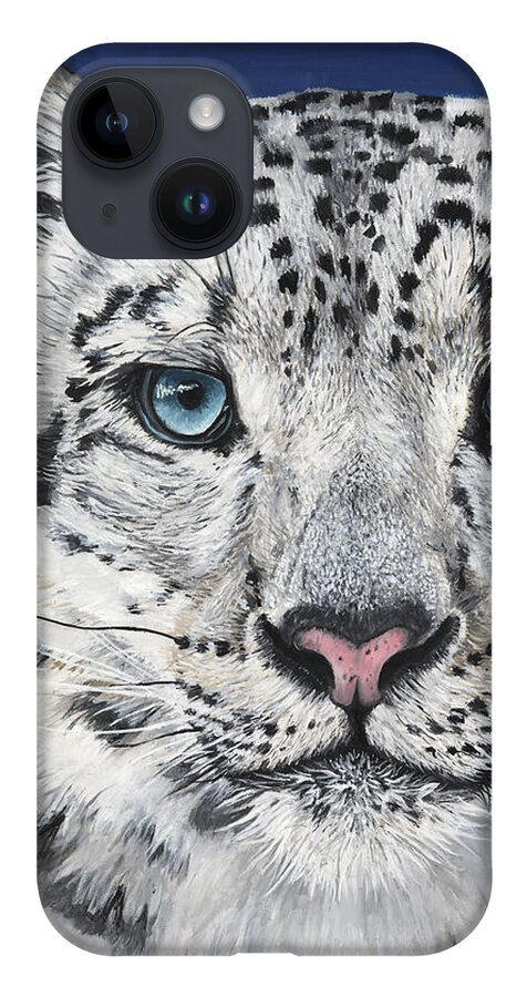 Snow Leopard iPhone 14 Case featuring the painting Beast and Beauty by Ashley Lane