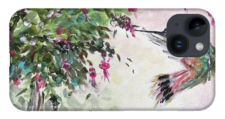 Hummingbird iPhone 14 Case featuring the painting Hummingbird with Fuchsias by Roxy Rich