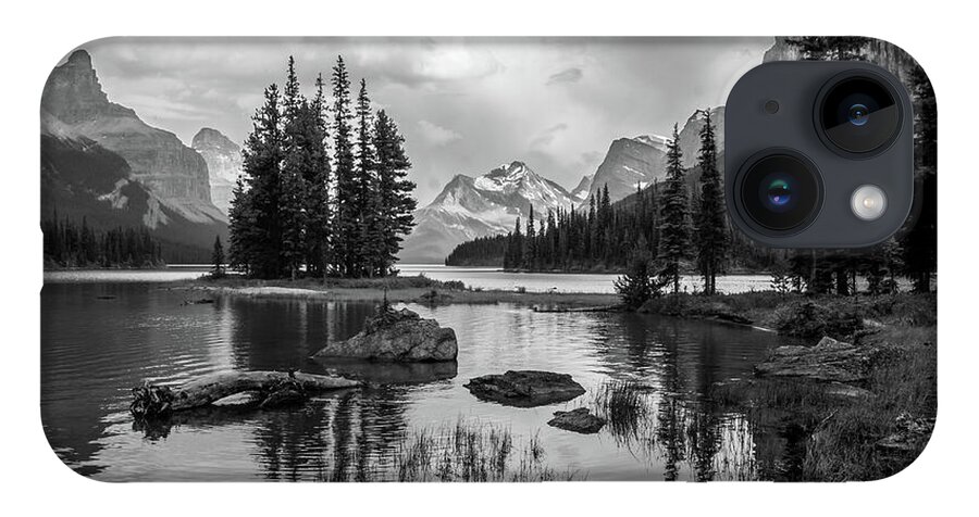 Black And White iPhone Case featuring the photograph Spirit Island Canada by Chris Scroggins