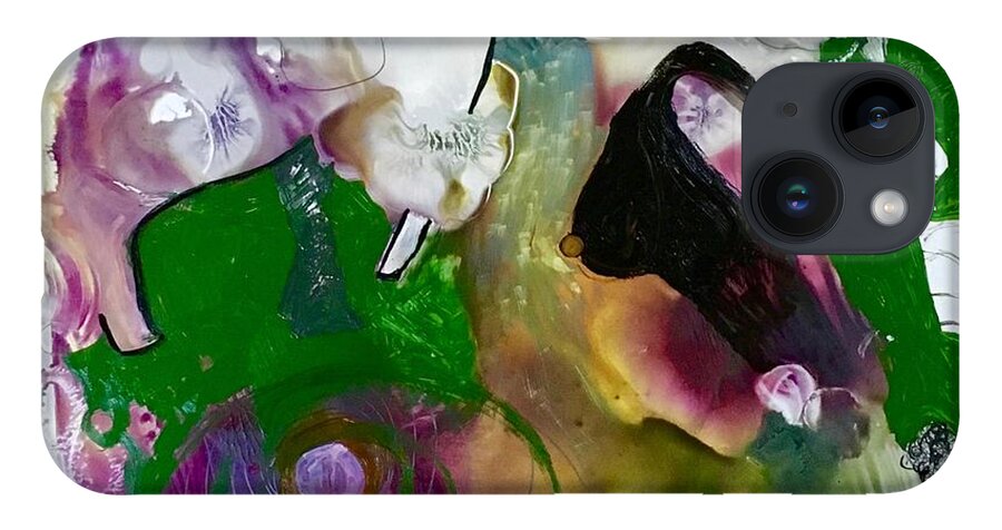 Abstract iPhone 14 Case featuring the painting Two Girls and an Elephant #1 by Carole Johnson