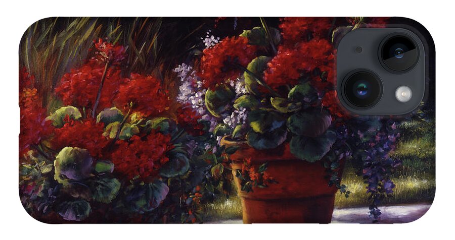 Red iPhone 14 Case featuring the painting Red Geranium Pots by Lynne Pittard