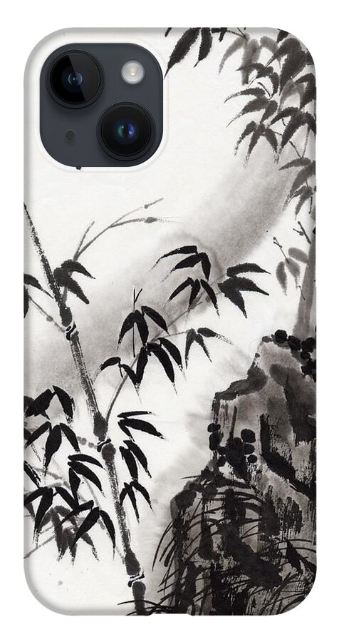Scenics iPhone 14 Case featuring the digital art A Bird And Bamboo Leaves, Ink Painting by Daj
