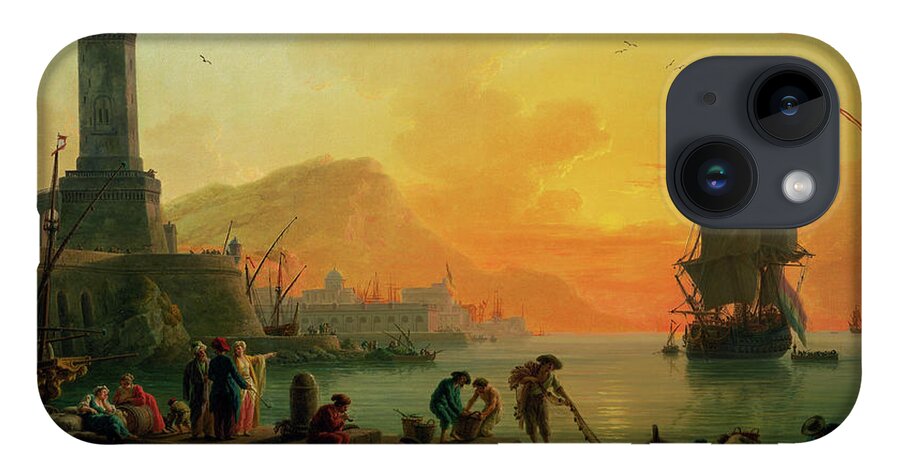 A Calm At A Mediterranean Port iPhone 14 Case featuring the painting A Calm at a Mediterranean Port by Claude Joseph Vernet by Rolando Burbon
