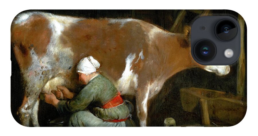 Gerard Ter Borch iPhone 14 Case featuring the painting A Maid Milking a Cow in a Barn by Audrey Jeanne Roberts