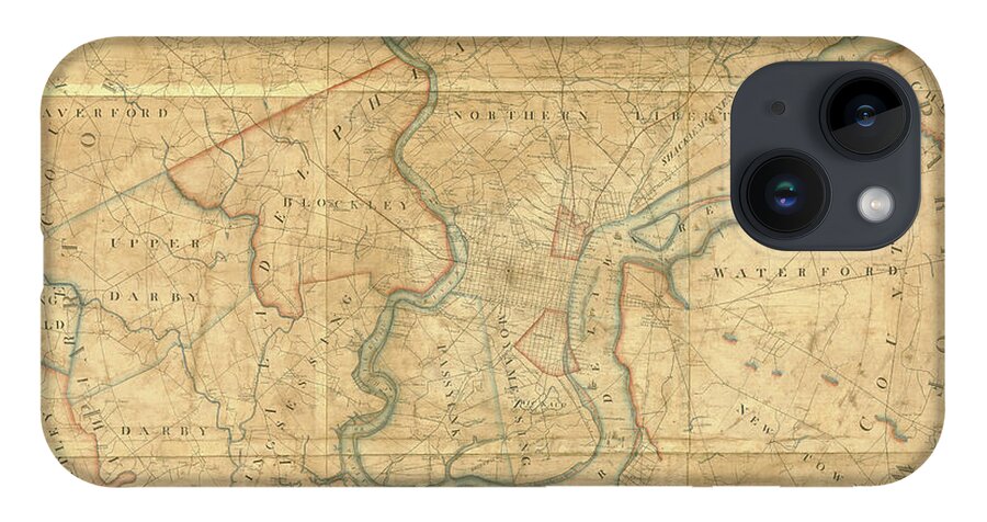 Map iPhone 14 Case featuring the mixed media A plan of the City of Philadelphia and Environs, 1808-1811 by John Hills