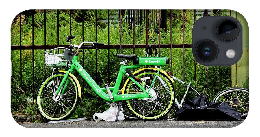Electric-assist Bicycle iPhone 14 Case featuring the photograph A Welcome Splash of Lime on a Wet and Windy Day by Steve Ember