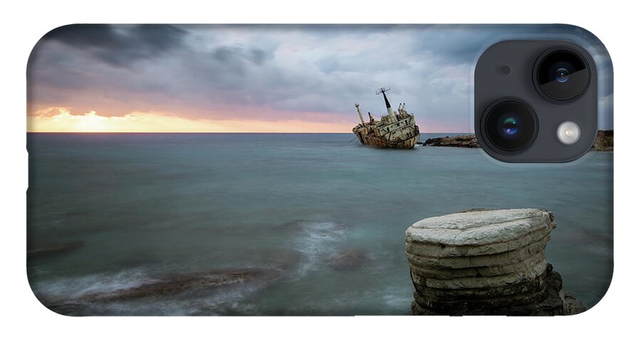 Seascape; Coastline; Sunset; Sundown iPhone 14 Case featuring the photograph Abandoned Ship EDRO III Cyprus by Michalakis Ppalis