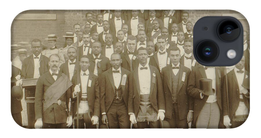 Negroes iPhone Case featuring the painting African American men posed at entrance to building, some with derbies and top hats, and banner labeled Waiters Union in Georgia by Unknown