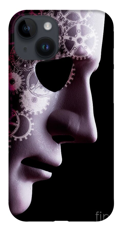 Mask iPhone Case featuring the photograph A.I. robotic face close up with cogs by Simon Bratt