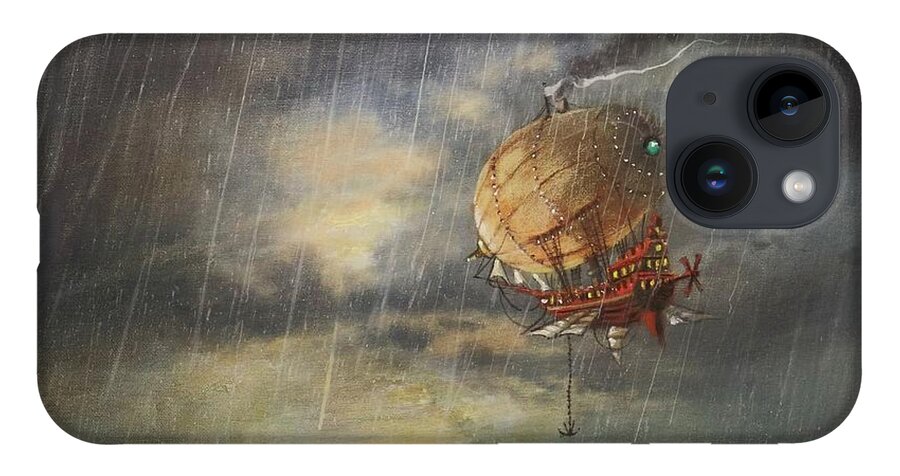 Steampunk Airship iPhone 14 Case featuring the painting Airship In The Rain by Tom Shropshire