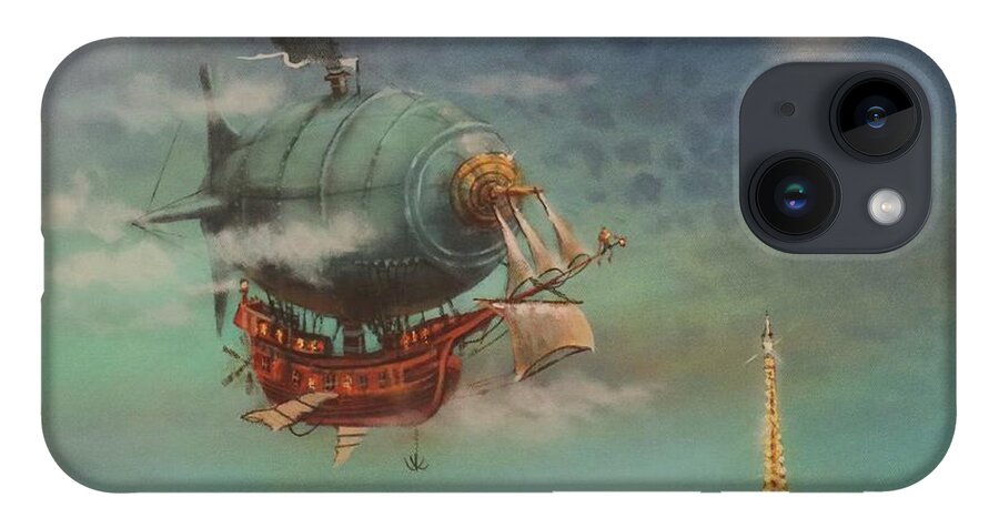 Steampunk Airship iPhone 14 Case featuring the painting Airship Over Paris by Tom Shropshire