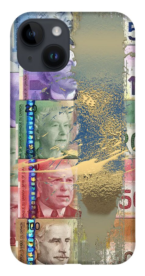 ‘money’ Collection By Serge Averbukh iPhone 14 Case featuring the digital art Pure Gold - Selection of Canadian Paper Currency by Serge Averbukh
