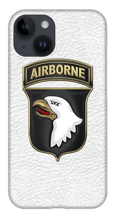 Military Insignia & Heraldry By Serge Averbukh iPhone 14 Case featuring the digital art 101st Airborne Division - 101st A B N Insignia over White Leather by Serge Averbukh