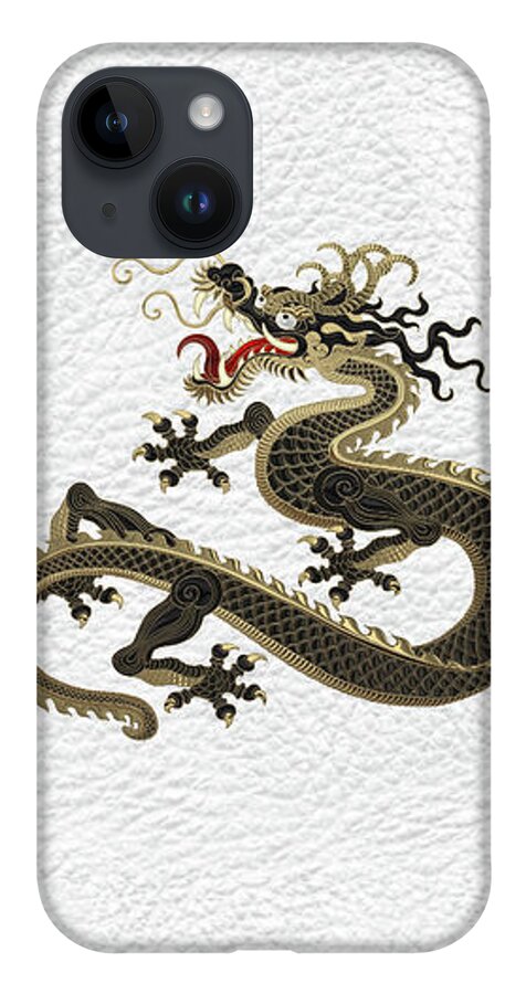 ‘the Great Dragon Spirits’ Collection By Serge Averbukh iPhone Case featuring the digital art Black and Gold Sacred Eastern Dragon over White Leather by Serge Averbukh