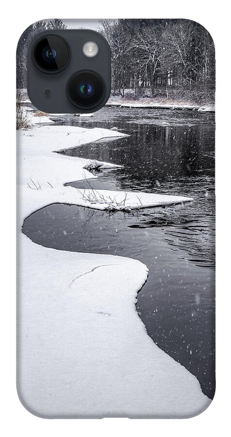 Snow Ice Yahara River Stoughton Wi Wisconsin Dane Vertical Scenic Landscape Cold Snowfall Winter Blizzard B&w Black And White Curvy iPhone 14 Case featuring the photograph At the Yahara River Bend - snowy scene south of Stoughton WI by Peter Herman