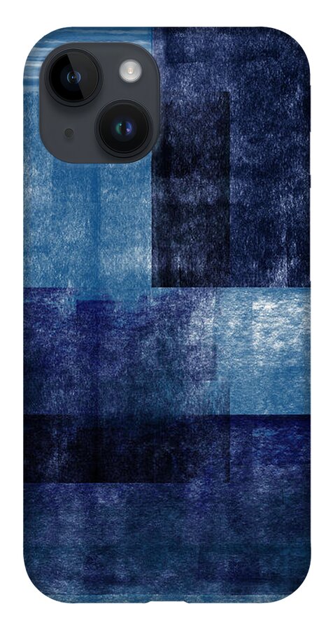 Abstract iPhone 14 Case featuring the mixed media Azul Blocks 1- Art by Linda Woods by Linda Woods