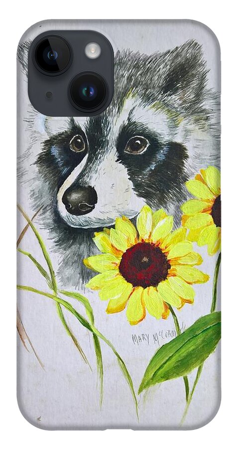 Raccoons iPhone 14 Case featuring the painting Bandit and the Sunflowers by ML McCormick